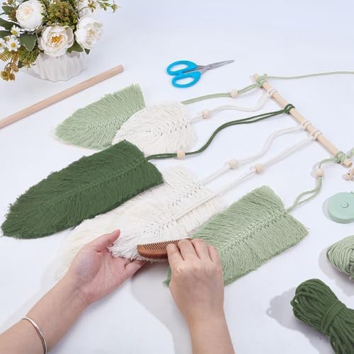 FREEBLOSS DIY Macrame Leaf Wall Hanging Kit Leaves Woven Tapestry Feather Wall Hanging Decor Beginners Macrame Kit for Adults Birthday Gift (Green&White) - Image 4