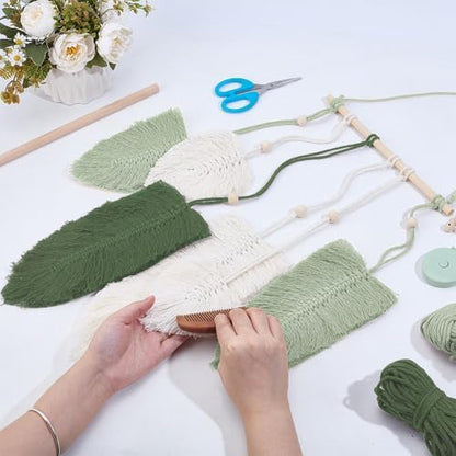 FREEBLOSS DIY Macrame Leaf Wall Hanging Kit Leaves Woven Tapestry Feather Wall Hanging Decor Beginners Macrame Kit for Adults Birthday Gift (Green&White) - Image 4