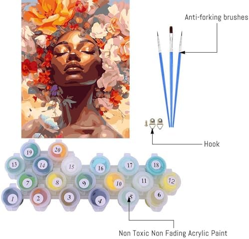 Clendo DIY African Woman Paint by Numbers for Adults Canvas, Flowers and Girl Paint by Number Kits on Canvas - Oil Painting Kits Arts and Crafts for Home Decor 16x20 inch(Without Frame) - Image 3