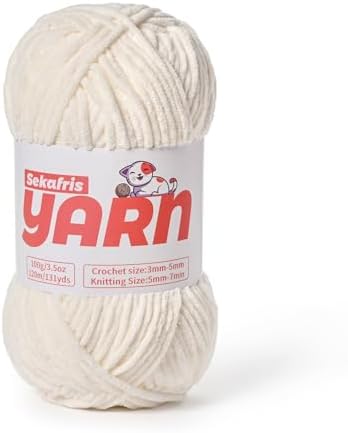 Plush Chunky Chenille Yarn for Crocheting, Soft Fluffy Velvet Yarn for Crocheting, Fuzzy Baby Blanket Knitting Yarn, 100g/131yds Bulky Amigurumi Yarns（White） by Sekafris
