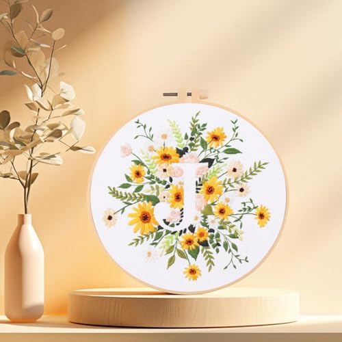 IUHUI Embroidery Kit for Beginners Adults - 26 Floral Letters Easy Patterns, DIY Hand Stitching Embroidery Set with Hoop (Flower and Grass Letter J) - Image 3
