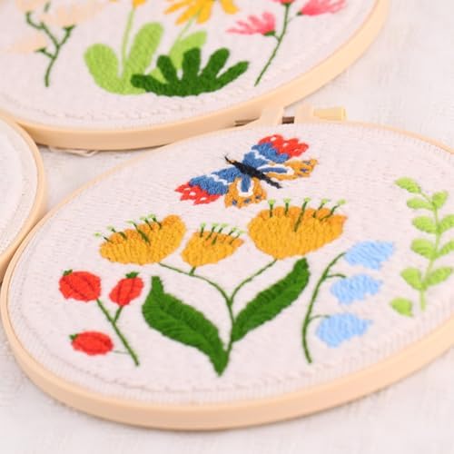 Allazone 3 Set Embroidery Starter Kits for Beginner, Butterfly and Bird Punch Needle Kit with Instruction, Plastic Hoop, Yarns and Embroidery Handle Needle Pen - Image 4