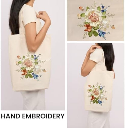 CREAWONDER Canvas Tote Bag Embroidery Kit with Pattern for Beginners, Arts and DIY Embroidery Crafts Kits for Adults, Include Instructions, Embroidery Hoops, Color Threads and Tool - Image 2