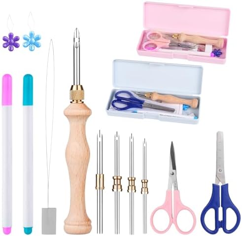 2 Sets of Punch Needle Kit with Storage Box,Adjustable Punch Needle Tool with 5 Different Metal Needles,Embroidery Punch Needle Set Adults Beginner for DIY Craft,Perfect for Gifts（Pink&Blue） by Cheloment