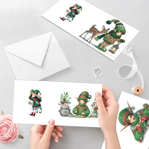 antor 6 Pack 5D Diamond Painting Christmas Cards, Cute Green Hat Elf DIY Diamond Art Cards with Envelopes, Handmade Rhinestone St. Patrick's Day Greeting Card Set for Adults - Image 6