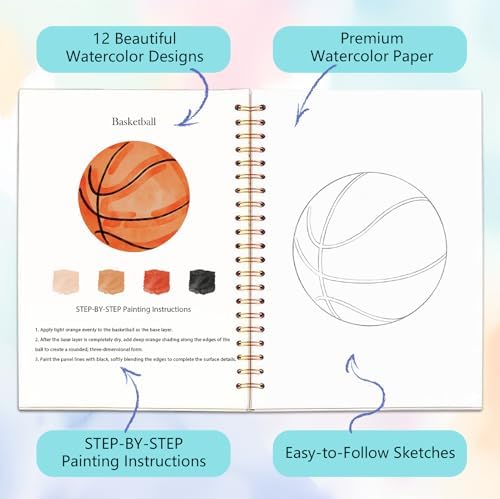 Easy Watercolor Workbook for Beginners - 12 Beautiful Step-by-Step Paintings Water Coloring Book, Includes 16 Colors Paints, Relaxing Art Projects and Creative Gift for Adults & Teen (Sports Ball) - Image 3