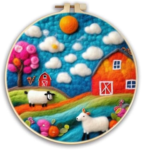 CaptainCrafts DIY Needle Felting Starter Kit with Picture Hoop, Foam Pad, Felt Cloth, Instructions for Home Decoration, Beginner Art Craft (Homestead Lamb's Hometown) by CaptainCrafts