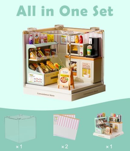 Convenience Store Miniature House Kit, Plastic DIY Dollhouse with Snacks & Hot Food Station, Stackable Transparent Dust Cover, Creative Desktop Decor for Adults Teens - Image 4