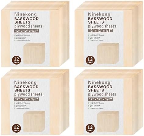 48 Pack Basswood Sheets 1/8 inch,12"x12"x1/8" Plywood Sheets,3mm Basswood for Laser Cutting,Laser Engraving Blanks,Thin Natural Unfinished Wood for Crafts,Wood Burning,Scroll Saw Cutting by Unknown