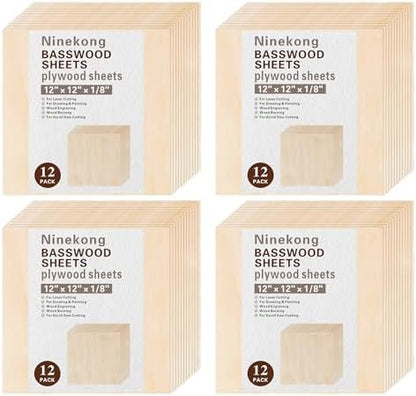 48 Pack Basswood Sheets 1/8 inch,12"x12"x1/8" Plywood Sheets,3mm Basswood for Laser Cutting,Laser Engraving Blanks,Thin Natural Unfinished Wood for Crafts,Wood Burning,Scroll Saw Cutting by Unknown