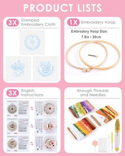 TINDTOP Embroidery Kit for Adult, 3 Pack Embroidery DIY Starter Kit, with Stamped Patterns, Hoop, Tools, Colorful Threads with Needles, Instructions (Flower Cup) - Image 2