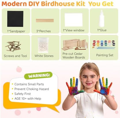 Modern Birdhouse Woodworking Kit, Natural Cedar Wooden birdhouses for Outdoors with Paint Set, Creative DIY Birdhouse Gift, Build Your Own Bird House Kit - Image 2