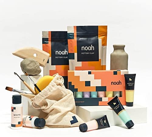 noah Pottery Kit for Beginners - Set Includes Air Dry Clay, Clay Tools and Acrylic Paints - Crafts for Adults (White Clay/Pastel Paint) by NoahsBox