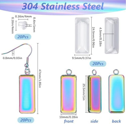 1 Box 20Pcs Rainbow Earring Bezel Blank 10x25mm Rectangle Bezel Pendant Trays with Glass Cabochons Settings Stainless Steel Earring Wire Hooks Accessories for DIY Earrings Jewelry Making - Image 2