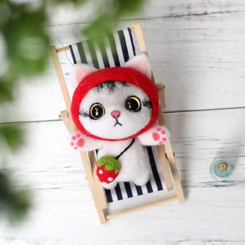 Healifty Needle Felt Kit for Cartoon Cat Ornament Strawberry Kitty DIY Wool Felting Supplies with Punch Needle Lanyard Doll Eyes and Manual for Kids and Adults 2.95 X 1.37 X 2.16 in - Image 2