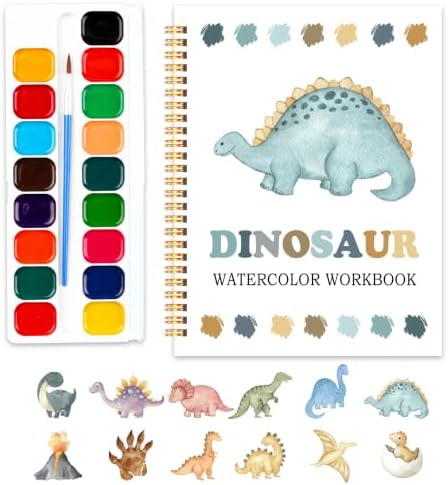Easy Dinosaur Watercolor Workbook for Beginners, Water Coloring Book, 18 Colors Watercolors Paint Set, 12 Patterns Watercolor Kit, Fun Family Art Activity, Gift for Adults Teen by SHLINCO