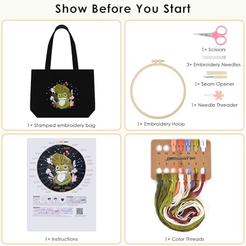 ERKOON Embroidery Canvas Tote Bag for Beginners, Floral Arts Crafts Cross Stitch Kits for Adults Including Stamped Embroidery Bag with Hoops, Needle, Instruction and Color Threads (Frog) - Image 2