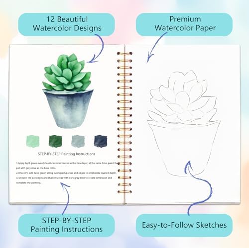 Easy Watercolor Workbook for Beginners - 12 Beautiful Step-by-Step Paintings Water Coloring Book, Includes 18 Colors Paints, Relaxing Art Projects and Creative Gift for Adults & Teen (Succulents) - Image 3