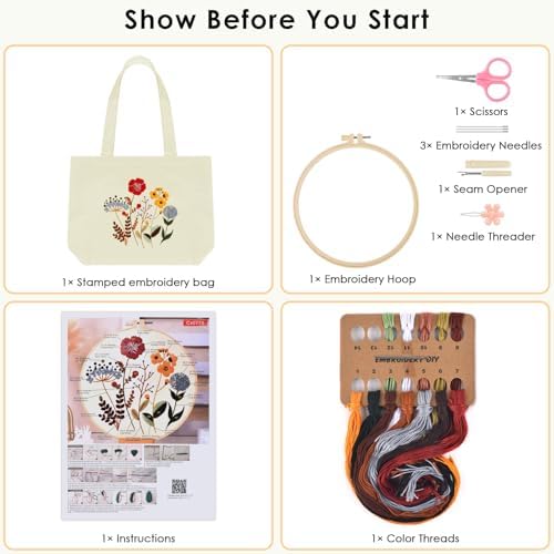ERKOON Canvas Tote Bag Embroidery Kit for Beginners, Floral Arts Crafts Cross Stitch Kits for Adults Including Stamped Embroidery Bag with Hoops, Needle, Instruction and Color Threads (Flower) - Image 2