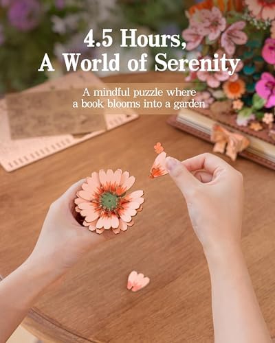 ROBOTIME 3D Wooden Blooming Book Garden DIY Kit, Flowers Building Set, Adult Creative Craft & Home Decor Puzzle, Unique Gift for Women, Mom, Plant/Book Lovers - Image 3