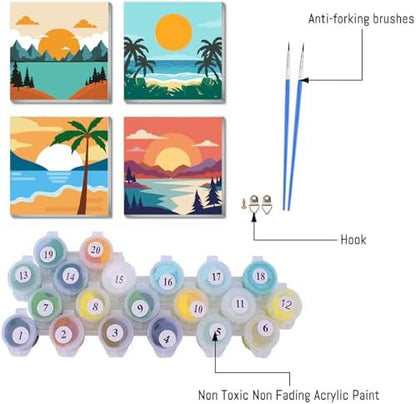 FQOVKYN 4 Framed Landscape DIY Paint by Numbers Kit for Adults Beginner, Sunset Easy Painting by Number with Frame, Acrylic Paint Kit Arts and Crafts for Adults for Decor 8x8inch - Image 3