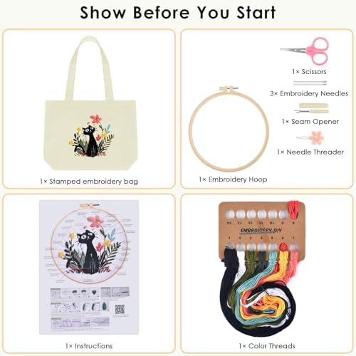 ERKOON Canvas Tote Bag Embroidery Kit for Beginners, Floral Arts Crafts Cross Stitch Kits for Adults Including Stamped Embroidery Bag with Hoops, Needle, Instruction and Color Threads (Cat) - Image 2
