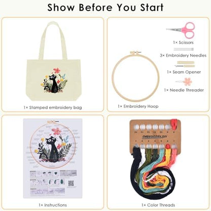 ERKOON Canvas Tote Bag Embroidery Kit for Beginners, Floral Arts Crafts Cross Stitch Kits for Adults Including Stamped Embroidery Bag with Hoops, Needle, Instruction and Color Threads (Cat) - Image 2