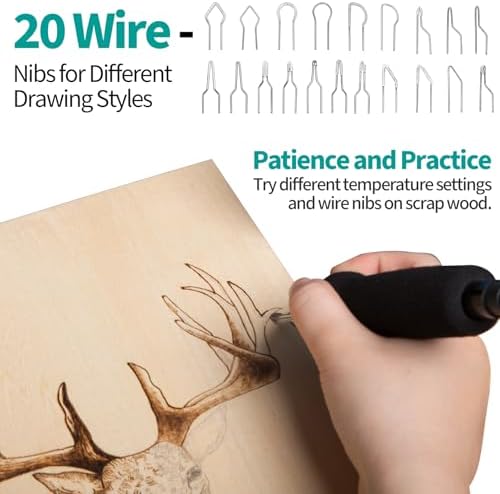 YIHUA 939-II Wood Burning Kit Station Pyrography Pen 250~750℃/482~1382℉ Temperature Adjustable with 20 Wire Nibs, 1 Stable Pen Holder, 2 Stencils, 2 Scrap Wood, 1 S/S Tweezers, and 1 Pliers (Green) - Image 5