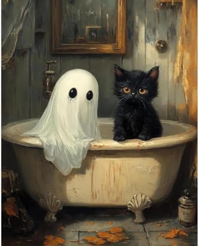 Clendo Halloween Paint by Numbers Kit for Adults, Ghost Oil Painting by Numbers with Brushes, Black Cat Art and Crafts Canvas Kit for Beginner Home Decor 16x20 inch / 40x50 cm by Clendo