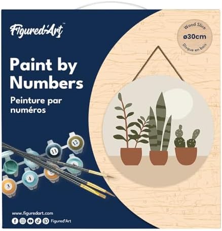 Figured'Art Paint by Numbers Kit for Adults on Wood Slice, 11.8in Diameter - Three Plant pots - Craft Art Painting DIY Canvas - Image 5