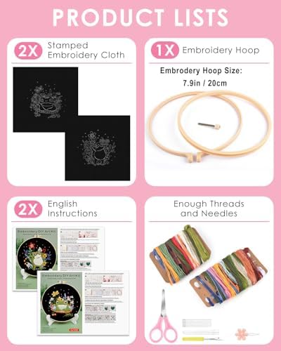TINDTOP 2 Pack Embroidery Kit for Adult, Embroidery DIY Starter Kit, with Stamped Patterns, Hoop, Tools, Colorful Threads with Needles, Instructions (Frog) - Image 2