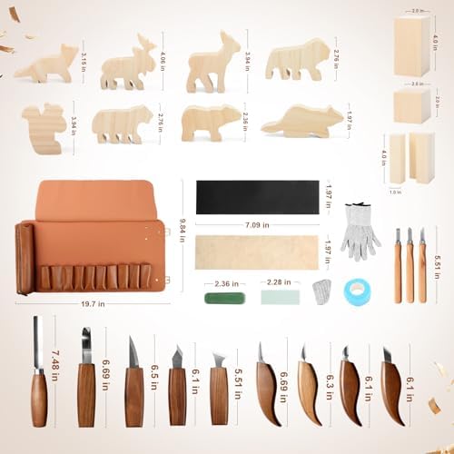 Wood Carving Kit,38pcs Wood Carving Tools with 9 Wood Carving Knives,3 Detail Knives,14 Basswood Blocks,Ergonomic Handle Design,Thick Leather Storage Bag,Whittling Kit for Beginners Adults Kids Hobby - Image 2