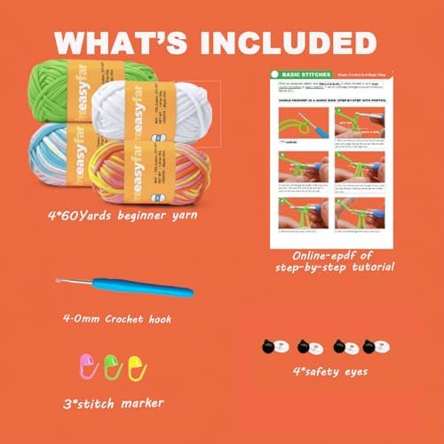 4x50g Beginner Easy Yarn Kit for Crocheting and Knitting; Worsted-Weight Medium #4;Crocheting and Knitting kit with Tool Set (Sunglow+Blue+Green+White, 4 Skein) - Image 4