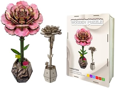 3D Wooden Flower Puzzles, DIY Kits Carnation Wooden Flower Crafts Set, Artificial Flower Model Kit to Assemble, Vase Puzzles for Adults by Unknown
