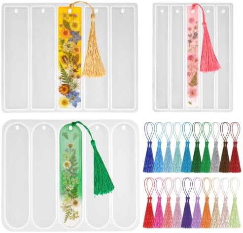 3 Pcs Bookmark Silicone Molds, Rectangle Bookmarks Molds with 40 Pcs Tassels, Bookmarks Resin Mold for DIY Home Decoration, Art Crafts, Birthday Gifts (Bookmark) by KINYFY