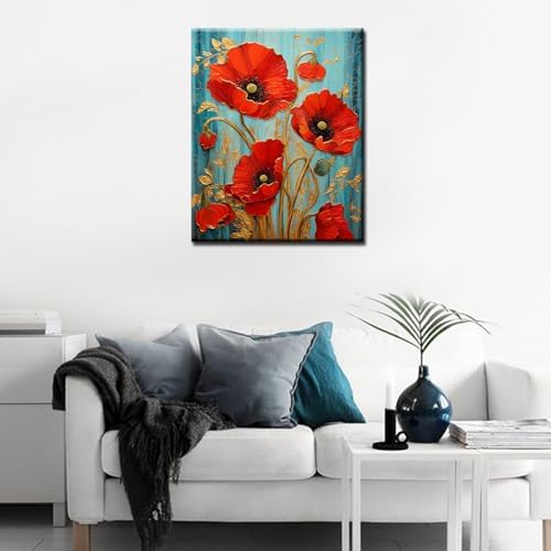 Aihonmin Beautiful Blossom Floral Paint by Number for Adult and Kids Beginner,red Petal Canvas Oil Painting Kit Digital Painting,Vintage Watercolor Living Room Decoration,(Without Frame - Image 3