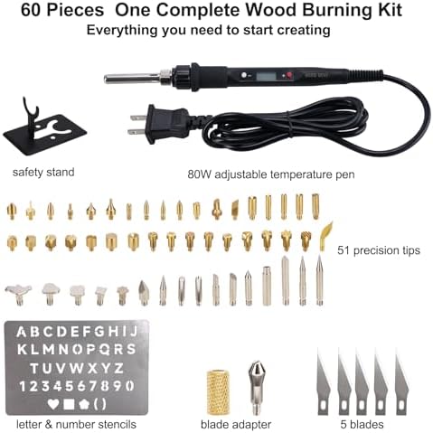Professional Wood Burning Kit, 60 Pcs Adjustable Temperature Wood Burning Pen Set - Ultimate DIY Wood Burning Tool in Premium Metal Case, Ideal Gift for Pyrography, Wood, Leather, Carving, Soldering - Image 2