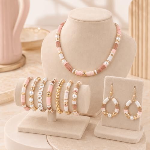 Believo Polymer Clay Beads Kit for DIY Jewelry with Elastic Cord, Colorful Flat Heishi Beads and Spacer Pieces – Ideal for Friendship Bracelet & Necklace Making (Camel Pink White 24) - Image 2