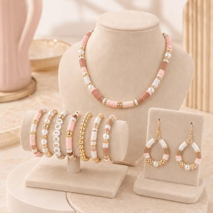 Believo Polymer Clay Beads Kit for DIY Jewelry with Elastic Cord, Colorful Flat Heishi Beads and Spacer Pieces – Ideal for Friendship Bracelet & Necklace Making (Camel Pink White 24) - Image 2