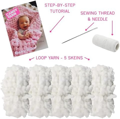 Beginner Craft Kit – Easy Loop Yarn Baby Blanket Kit for Adults & Kids, DIY Arm Knitting Kit with Soft Chenille Yarn, Perfect Handmade Gift (Milky) - Image 2