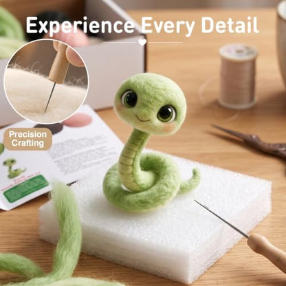 DIY Needle Felting Kit Cute Green Snake – Needle Felting Starter Kit with Fiber Roving, Needles, Felting Pad & Instructions | Felted Animal Kit for Beginners Adults | Unique DIY Craft Gift - Image 4