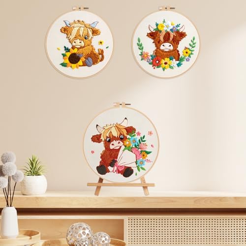 Nuberlic 3 Pack Embroidery Kit for Beginners, Highland Cow Embroidery Kits - Image 7