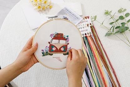 Looples Embroidery Kit for Beginners and Adults with Video Tutorials - Complete Embroidery Starter Kit with 3 Stamped Floral Patterns, Hoops, Threads, Needles, and Instructions (Car, Globe and Camera) - Image 3
