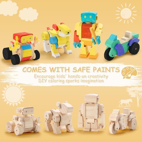 SainSmart Jr. Woodworking Building Kits for Kids, 4-in-1 Wood Building Kits for Kids STEM Projects Set, DIY Arts & Crafts Assembly Toys with Paints & Brushes, Ideal Gift for Boys and Girls - Image 2