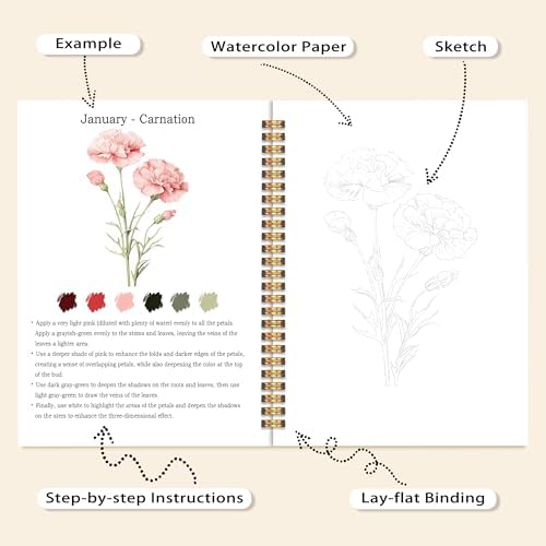 Easy Flowers Watercolor Workbook, Water Coloring Book, 12 Patterns, 18 Colors Watercolor Paint Set, Watercolor Kit for Beginners, Stress Relieving, DIY Art Kit for Adults Women Teen (Floral) - Image 4