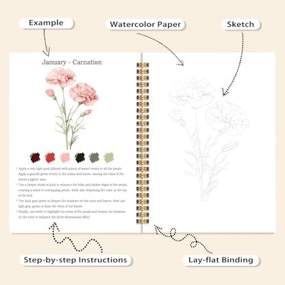 Easy Flowers Watercolor Workbook, Water Coloring Book, 12 Patterns, 18 Colors Watercolor Paint Set, Watercolor Kit for Beginners, Stress Relieving, DIY Art Kit for Adults Women Teen (Floral) - Image 4