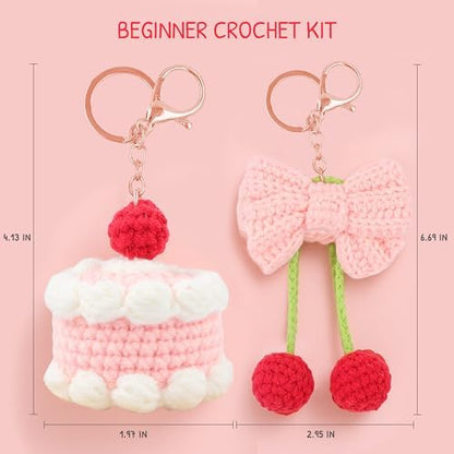 HOUSE CREATIVITY Crochet Keychain Kit for Beginners – Make 2 Cute Cake & Bow Charms, Amigurumi Crochet Starter Kit with Video Tutorial, Yarn & Keyring, DIY Bag Charm Gift - Image 2