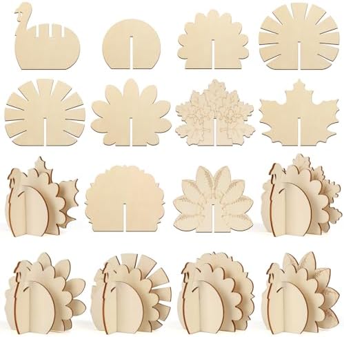 COCHIE DIY 3D Turkey Thanksgiving Wood Crafts to Paint, Paintable Unfinished Wooden Slices for Craft, Fall Cutouts Ornaments for Painting Decorations 24 PCS Formed Into 6 Turkeys by COCHIE