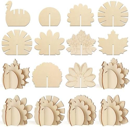 COCHIE DIY 3D Turkey Thanksgiving Wood Crafts to Paint, Paintable Unfinished Wooden Slices for Craft, Fall Cutouts Ornaments for Painting Decorations 24 PCS Formed Into 6 Turkeys by COCHIE