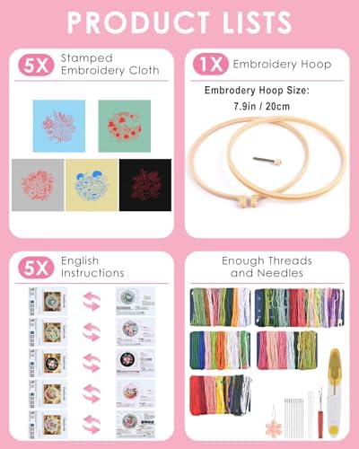 TINDTOP 5 Sets Embroidery Kit for Adults, Floral Embroidery Practice Kit for Beginners Include Embroidery Cloth Hoops Threads for Craft Lover Hand Stitch - Image 2